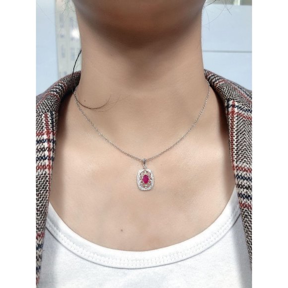 Oval Diamond Vintage Style Ruby Pendant White Gold